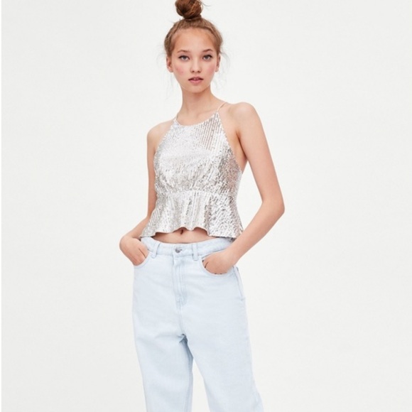 NWOT ZARA SEQUIN TOP LACE UP BACK - Picture 1 of 5